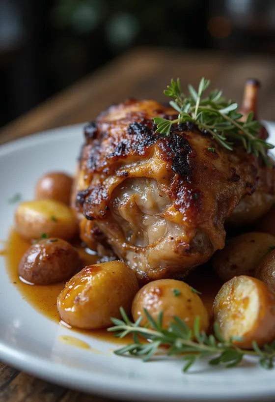 Andar-confit borið fram með kartöflumús og grænmeti
