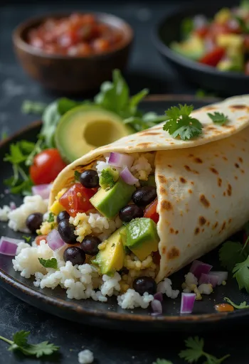Vegan burrito með hrísgrjónum, baunum, avókadó og maís