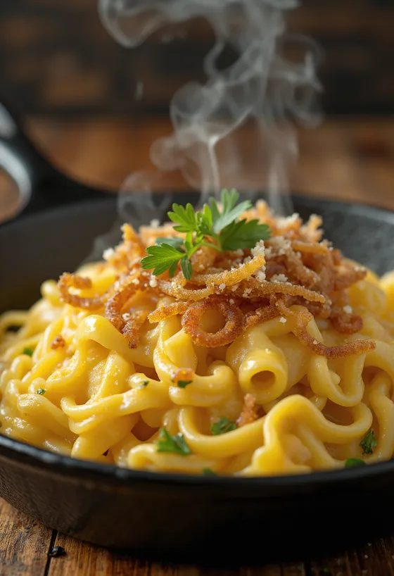 Käsespätzle, austurrík ostapasta með reyktri skinku og steiktum lauk