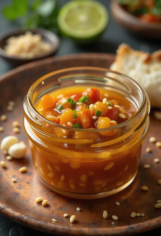 Sesam chili-límónusósa borin fram