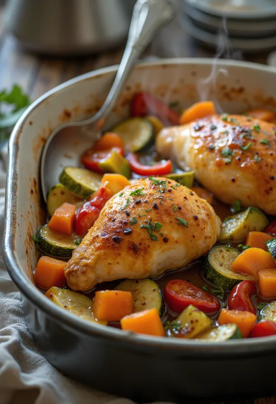 Kjúklingabringur á grænmetisbeði bornar fram með sítrónu