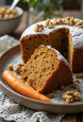 Vegan gulrótakaka borin fram með hnetum og flórsykri