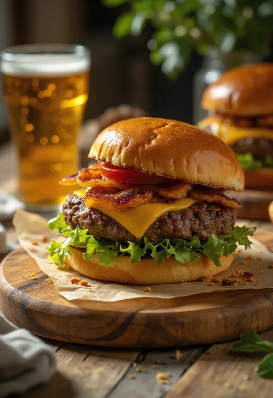 Hússins hamborgari með stökku pancetta og grilluðum lauk