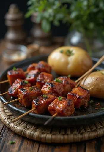 Anticuchos pinnar bornir fram með grilluðu grænmeti