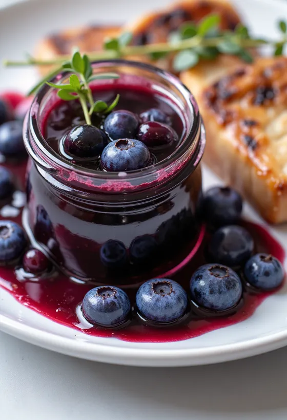 Rauðvínssósa með bláberjum og balsamediki borin fram