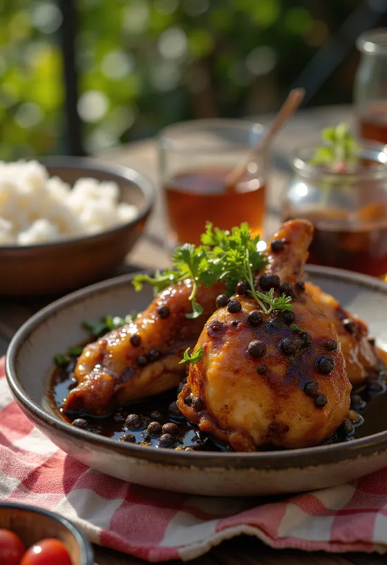 Chicken adobo filippseyskur réttur borinn fram