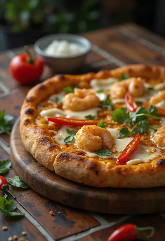 Laksa pizza með malasískum kryddum og rækjum