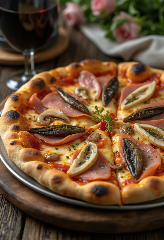 Capricciosa pizza með ansjósum borin fram