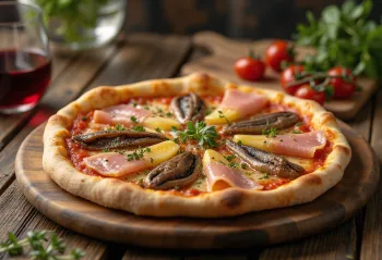 Capricciosa pizza með ansjósum borin fram