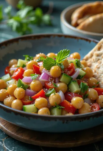 Kjúklingabaunasalat með grænmeti borið fram