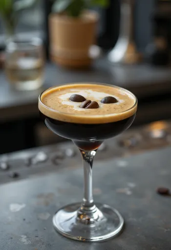 Espresso Martini kokteill skreyttur með þremur kaffibaunum