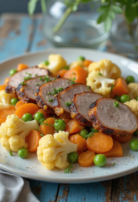 Reyktur grísahnakki með gufusoðnu grænmeti borinn fram