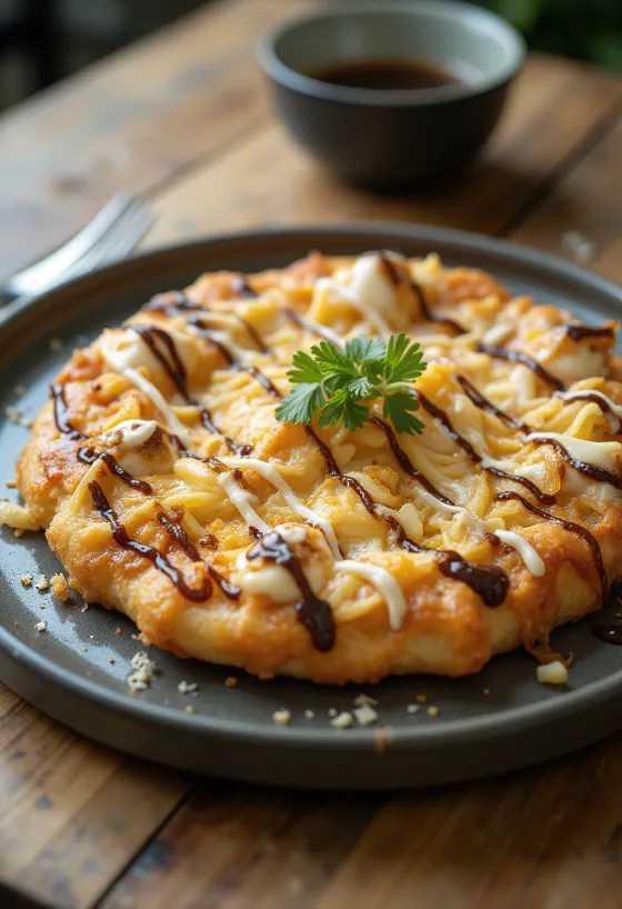 Okonomiyaki pizza með hvítkáli og túnfiskflögum