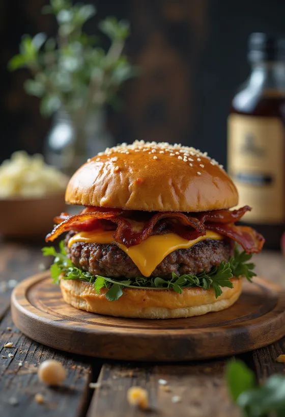 BBQ beikon- og ostborgari með safaríkum kjötbita og reyktri BBQ sósu