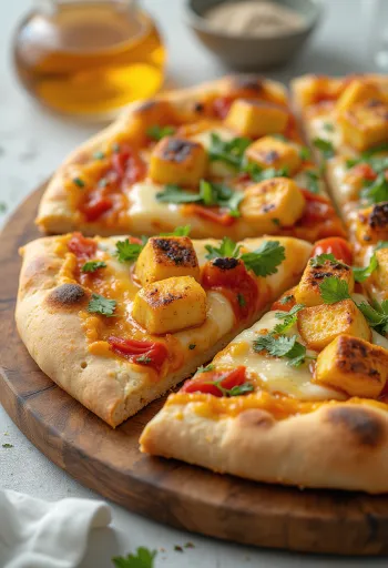 Paneer tikka pizza með jógúrtsósu og grænmeti