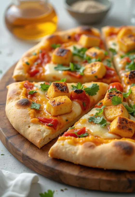 Paneer tikka pizza með jógúrtsósu og grænmeti
