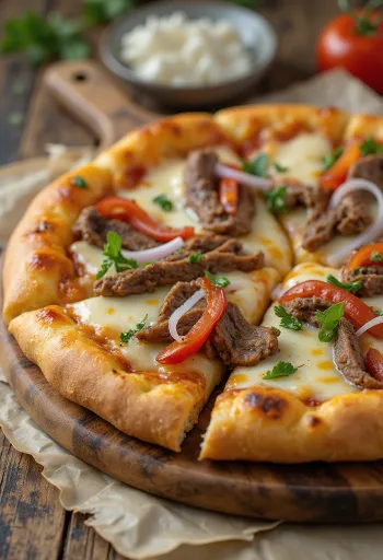 Philly cheesesteak pizza með steiksneiðum og papriku