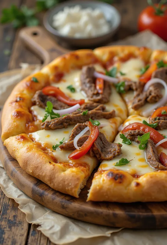 Philly cheesesteak pizza með steiksneiðum og papriku
