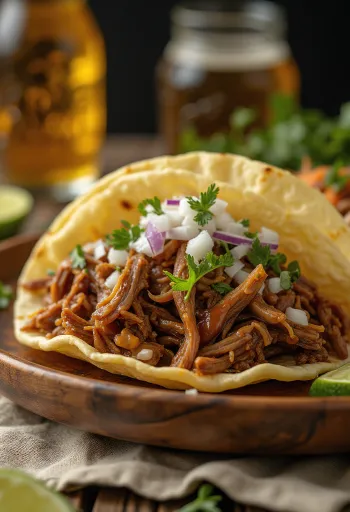 Barbacoa borið fram með tortillum og límónusneiðum
