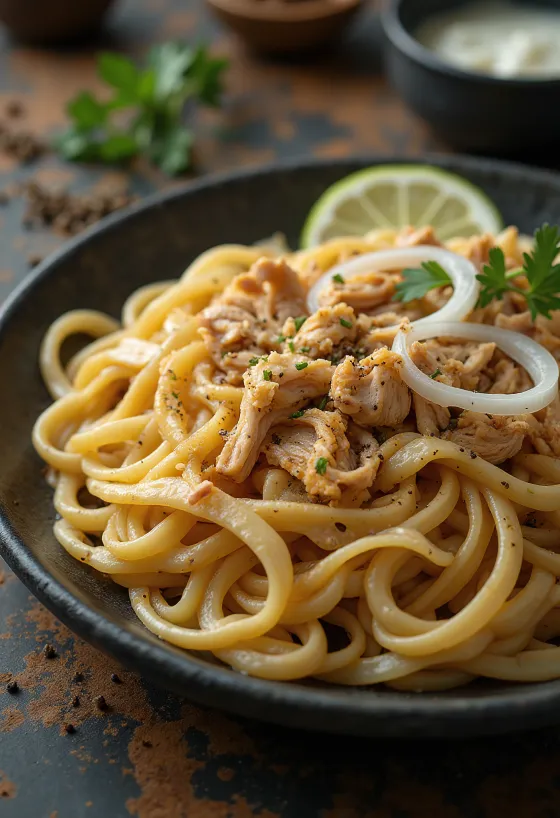 Beshbarmak með kjúklingi, borið fram með ríkulegu grænmeti