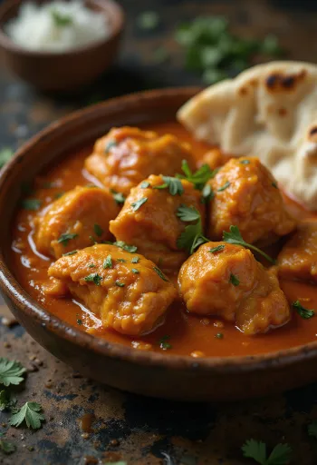 Kjúklingur tikka masala í rjómalagaðri tómatsósu, skreyttur með ferskri kóríander