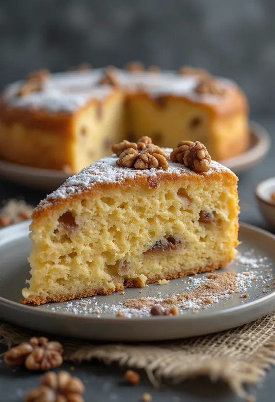 Kanil- og valhnetukaka skorin í sneiðar