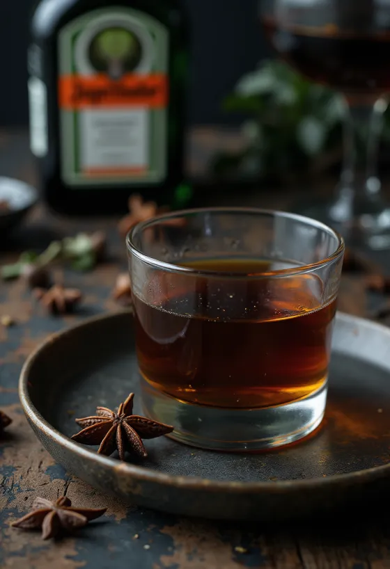 Heimalagað Jägermeister borið fram í flösku