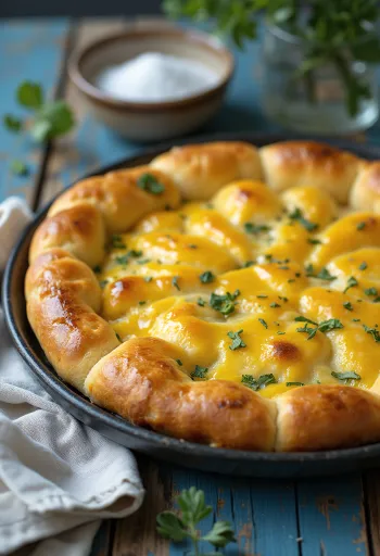 Focaccia með sinnepi og reyktum osti borin fram á disk