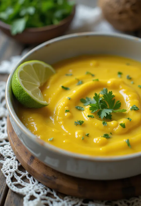 Rjómalöguð ljósgul karrý-kókos sósa með limebátum