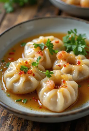 Bánh bột lọc með fiskisósu, borið fram með ferskum kóríander