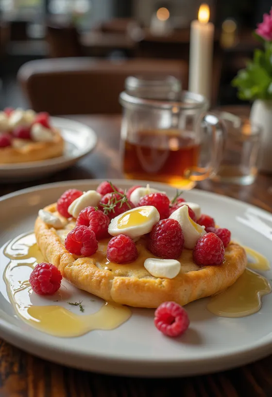 Focaccia með hindberjum og mascarpone borin fram á disk