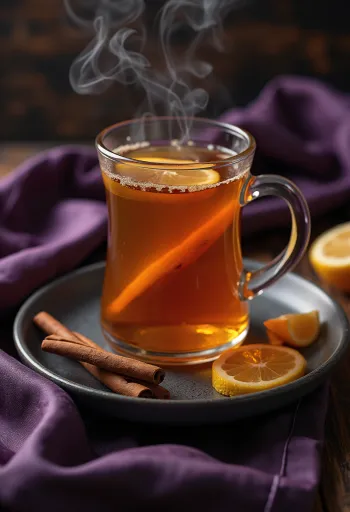 Hot Toddy drykkur skreyttur með kanilstöng og sítrónusneið