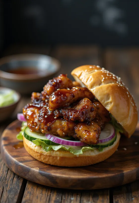 Japanskur teriyaki borgari borinn fram með grænmeti