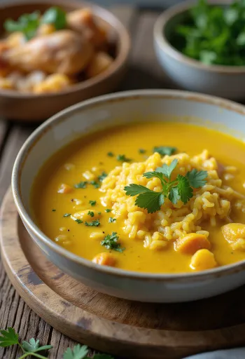 Mulligatawny súpa með kjúklingi borin fram