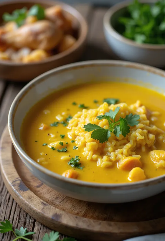 Mulligatawny súpa með kjúklingi borin fram