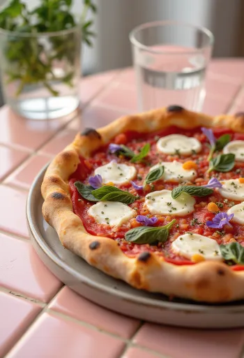 Pizza ai Fiori di Basilico með ferskri basilíku og basilíku-blómum
