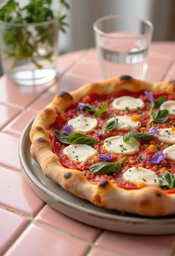 Pizza ai Fiori di Basilico með ferskri basilíku og basilíku-blómum