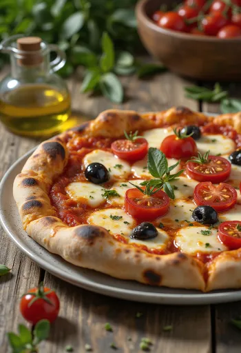 Pizza alla Barese með tómötum og svörtum ólífum