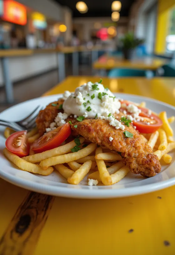 Gyros veisluplatti með steiktum kjúklingi, grænmeti, tzatziki og frönskum