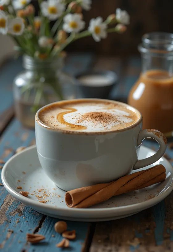 Karamellu-chai latte borið fram í glasi