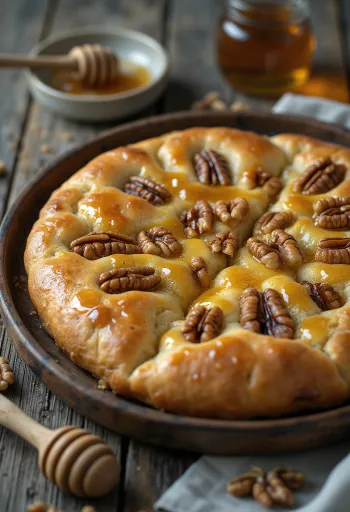 Focaccia með hunangi og valhnetum borin fram á disk