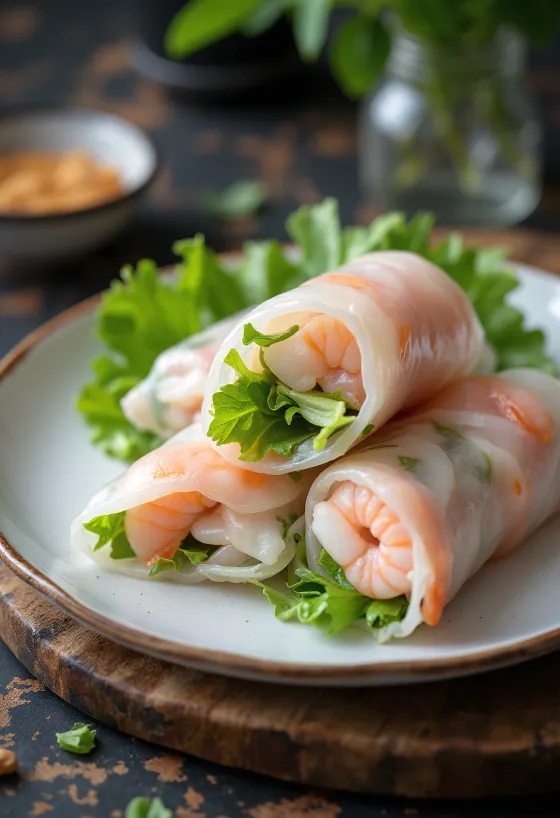Gỏi cuốn (víetnamskar vorrúllur) bornar fram með sósum