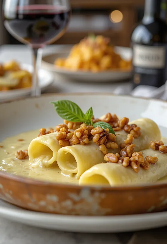 Cannelloni með gorgonzola og ristuðum valhnetum, nýbakað