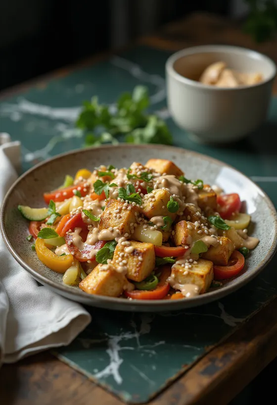 Grillað tófú í wok með tahini