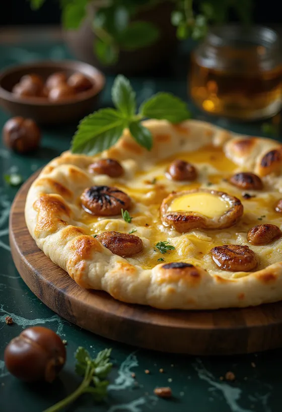 Naan brauð með kastaníuhnetum borið fram