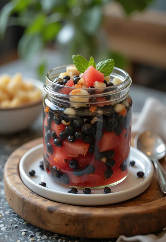 Sterkmarineruð vatnsmelónufræ í krukku