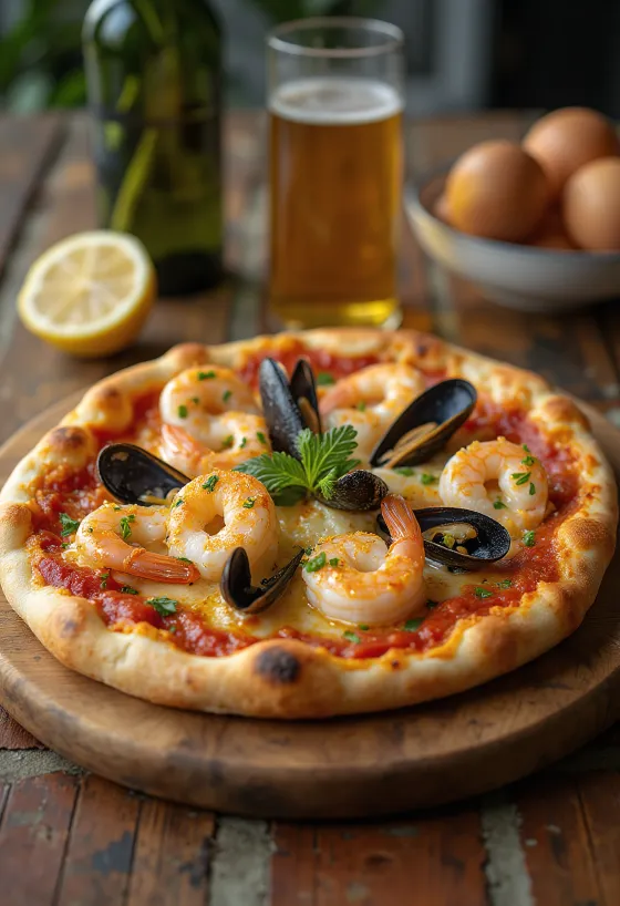 Frutti di Mare pizza með hvítlauksolíu