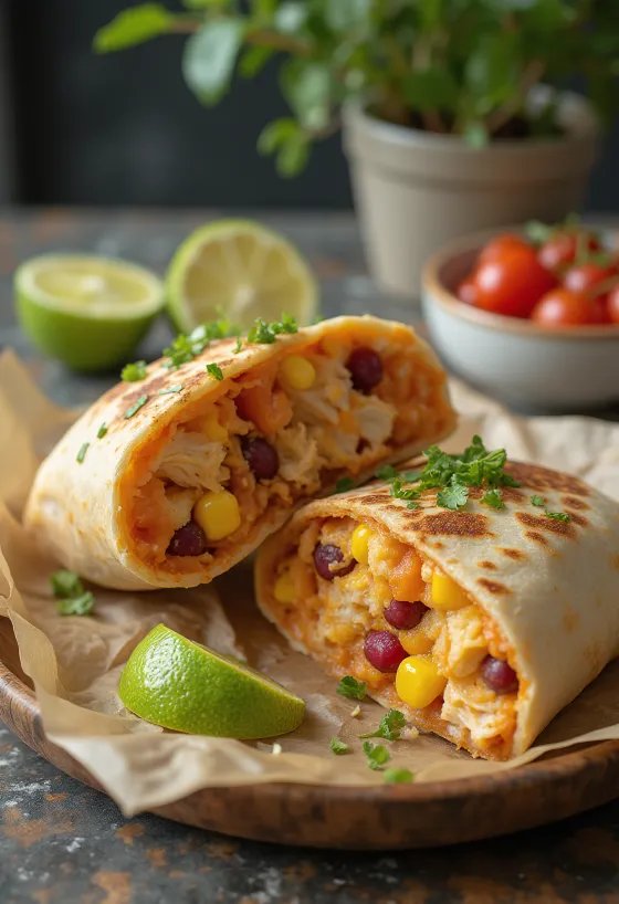 Kryddað kjúklingaburrito með fersku grænmeti og salsa