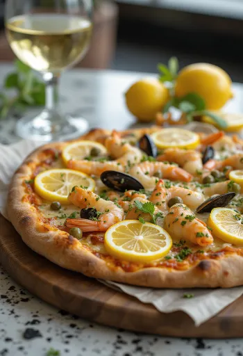 Frutti di Mare pizza með sítrónu og kapers