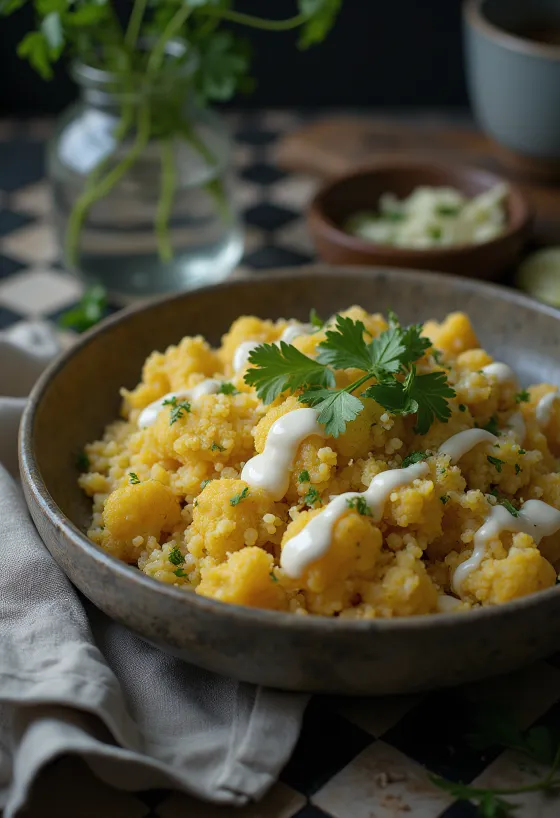 Kínóa- og blómkálskarrí með tahiní og tófúi á diski